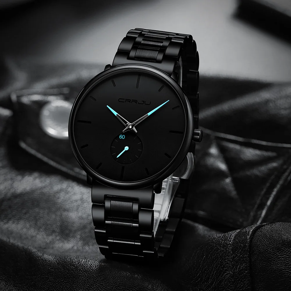 Orologio Uomo CRRJU Ultra Sottile – Quadrante Classico Nero/blu, Cinturino In Acciaio, Data, Impermeabile 3 ATM