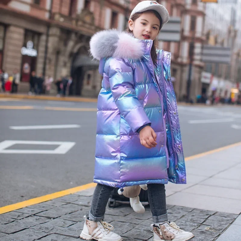 Children Jackets 3-14 Years Old Winter Boys Girls Long Style Hooded Fur Collar Coat
