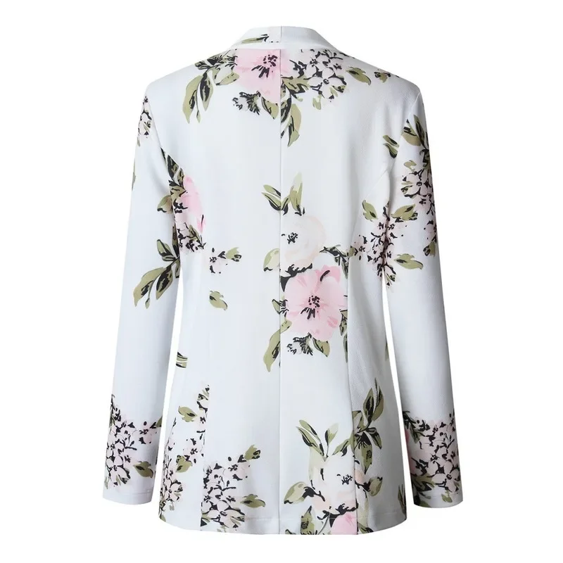 Women Elegant Floral Print Buttonless Blazers White Mid Length Oversize Suits 2023 Spring Autumn New Office Work Casual Blazer