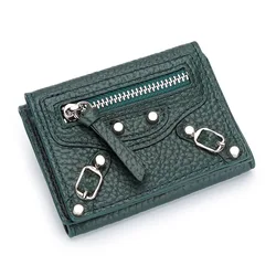 Elegant Genuine Leather Women's Motorcycle - Style Wallet with Fashionable Cactus Design and Magnetic Closure (Green)