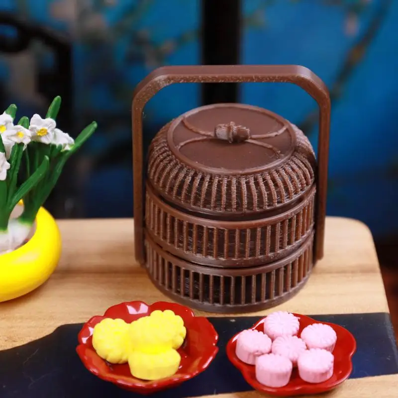 인형집 모조 대나무 미니 앤티크 스타일 중국식 원형 음식 바구니 액세서리 미니..