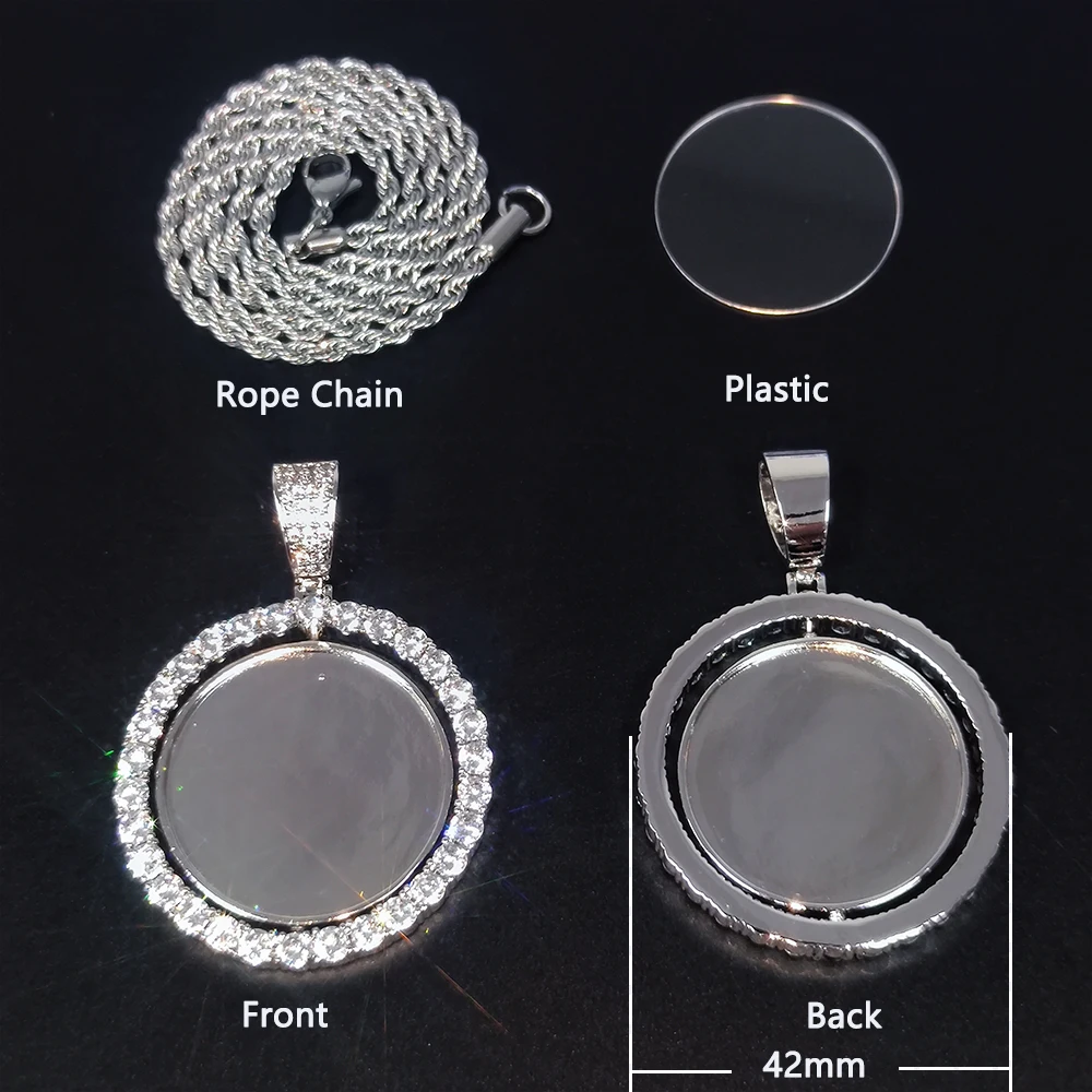 Hip Hop Double Side Round Rotating Memory Photo Custom Pendant Necklace Round Rotate Picture Zircon Iced Out Bling Necklace