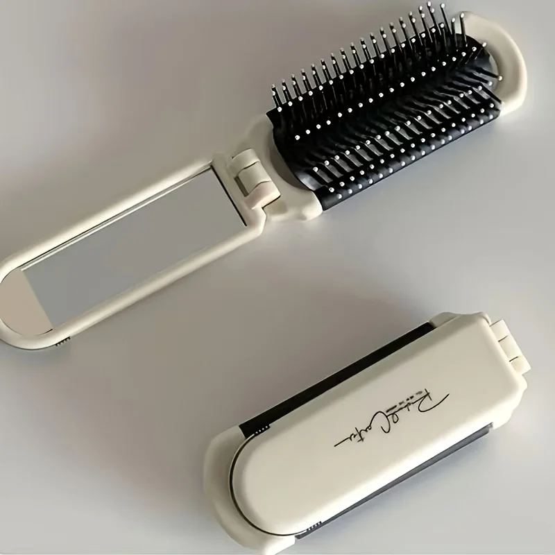 Foldable Comb with Mirror, Anti-Static Air Cushion Design ABS Handle Travel Size Hair Brush for Women All Hair Types