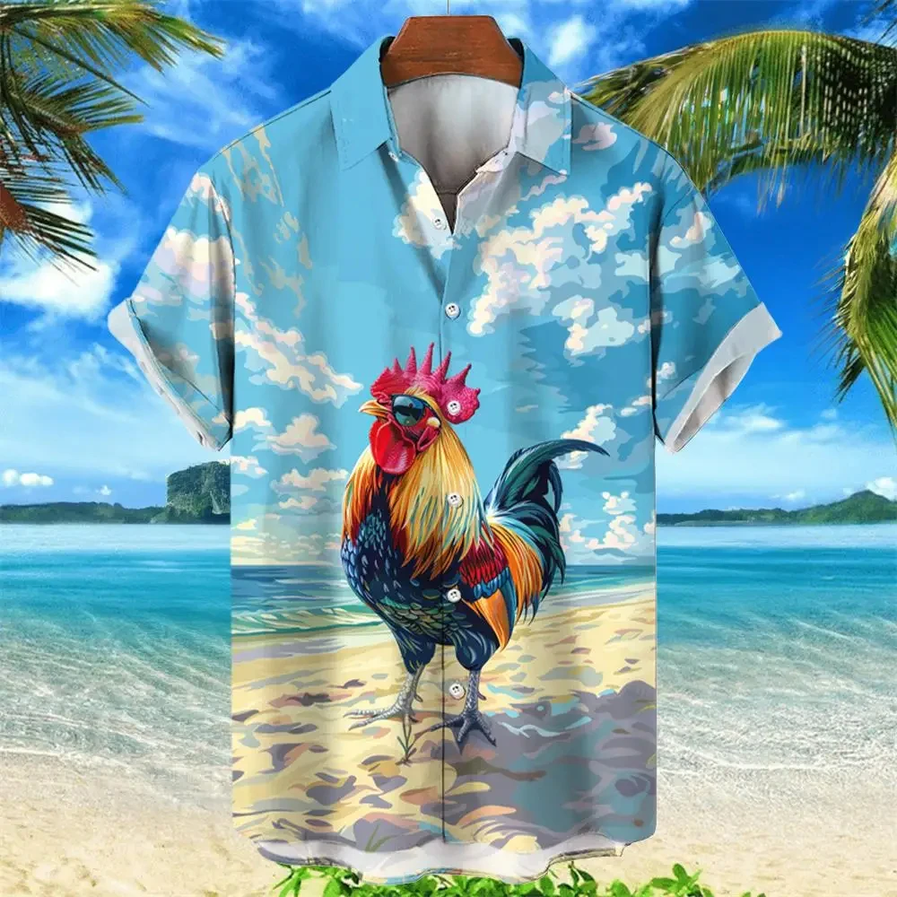 Hawaii Herren hemd Cartoon 3d Tier Huhn Druck Tops Sommer Mode Urlaub Kurzarm Hemden Revers Knopf Kleidung