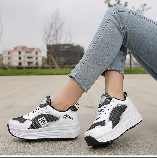 White Fashion Casual Sport Gift 2 Wheels Deform Roller Skate Shoes  Deformation Parkour Runaway Sneakers For Kids Boys Girls - AliExpress