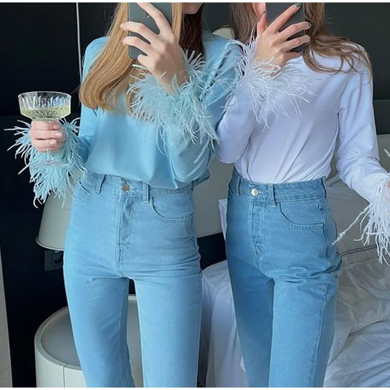 Elegant Women Feather T-shirt O-neck Long Sleeve Y2K Loose Spring Summer Ladies T-shirts 2022 Fashion Blue Top Tee Pullovers summer crop top