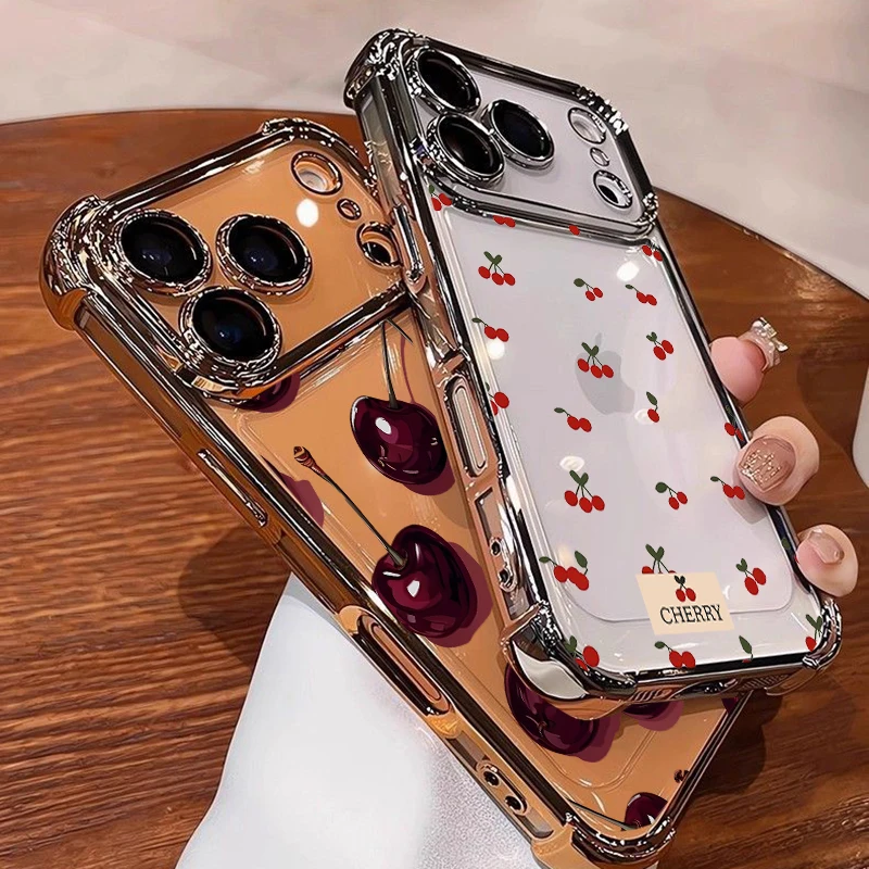 Red Cherry Shockproof Transparent Electroplated Phone Case