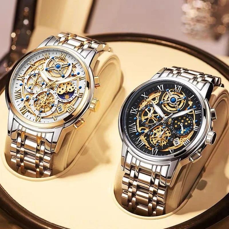 GOLDEN HOUR Mode Zakelijke Heren Horloges met Roestvrij Staal Waterdichte Chronograaf Quartz Horloge voor Mannen, Auto Datum, 2-tone Goud/Zwart, Quartz horloge, chronograaf