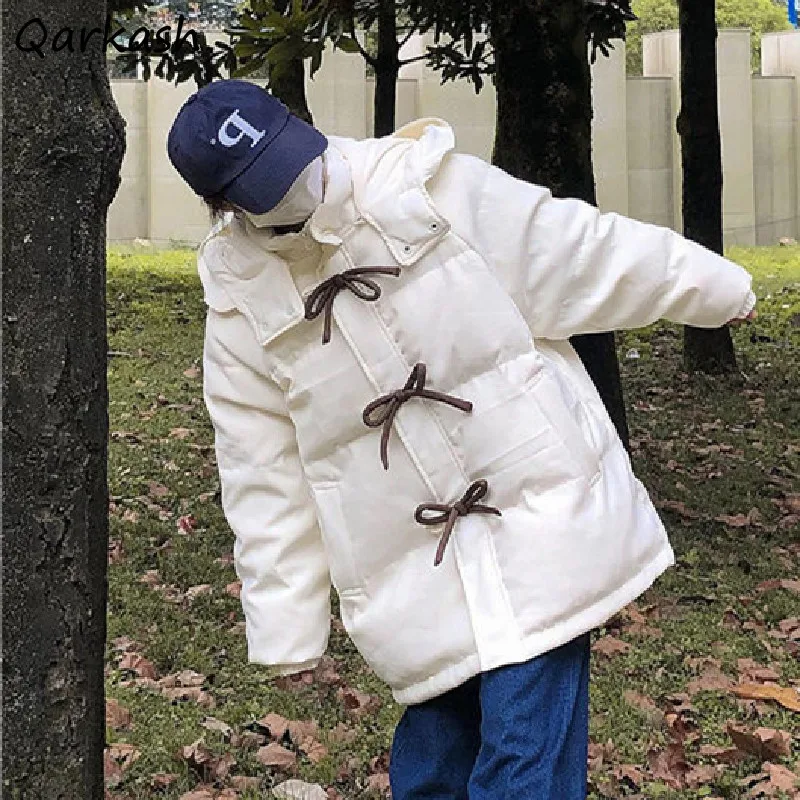 

Women Hooded Parkas Warm Windproof Bow Bandage Zipper Preppy Style Students Thick Bubble Winter Outerwear All-match Ulzzang Coat