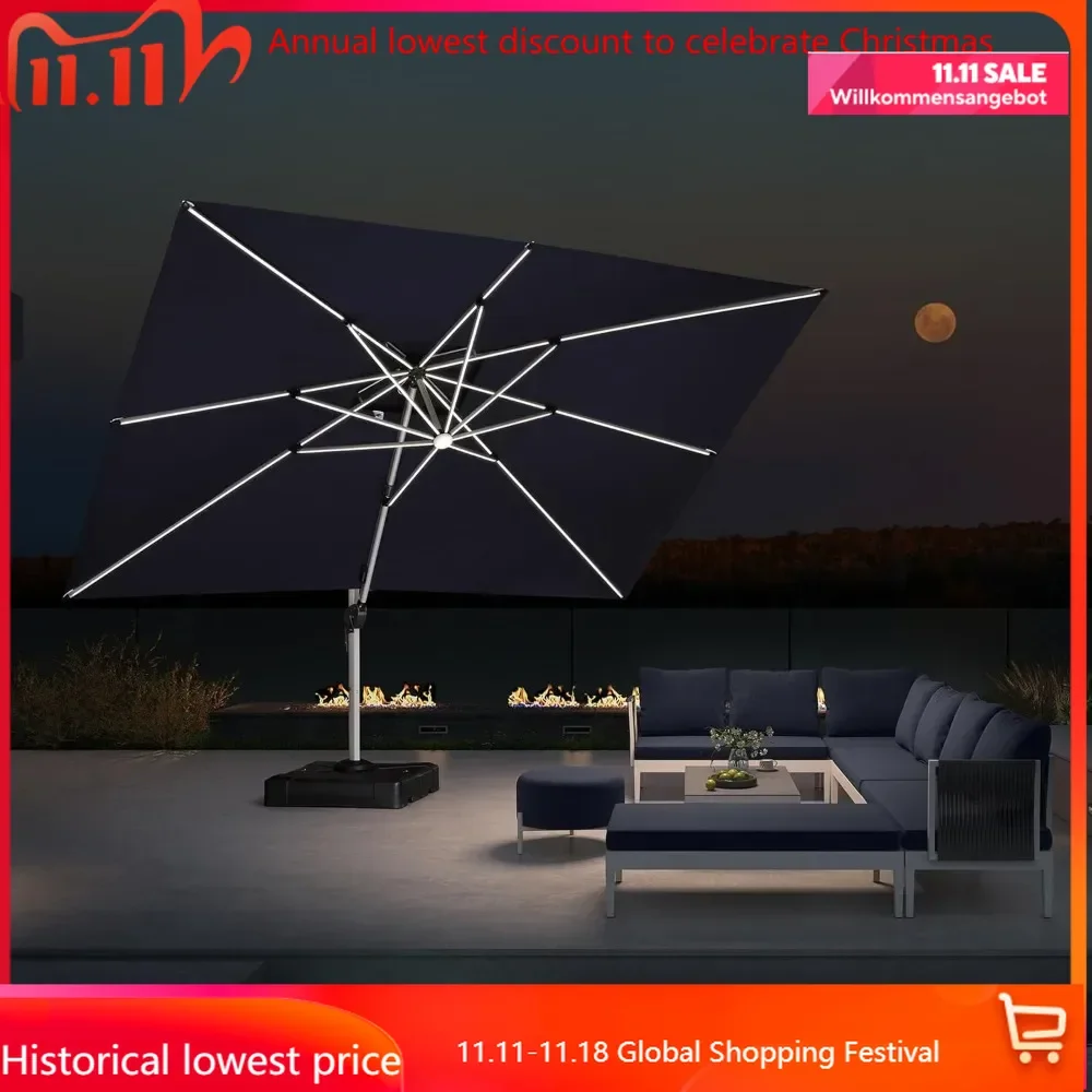 9 Feet Double Top Deluxe Solar Powered LED Square Patio Umbrella Offset Hanging Umbrella Outdoor Market Garden