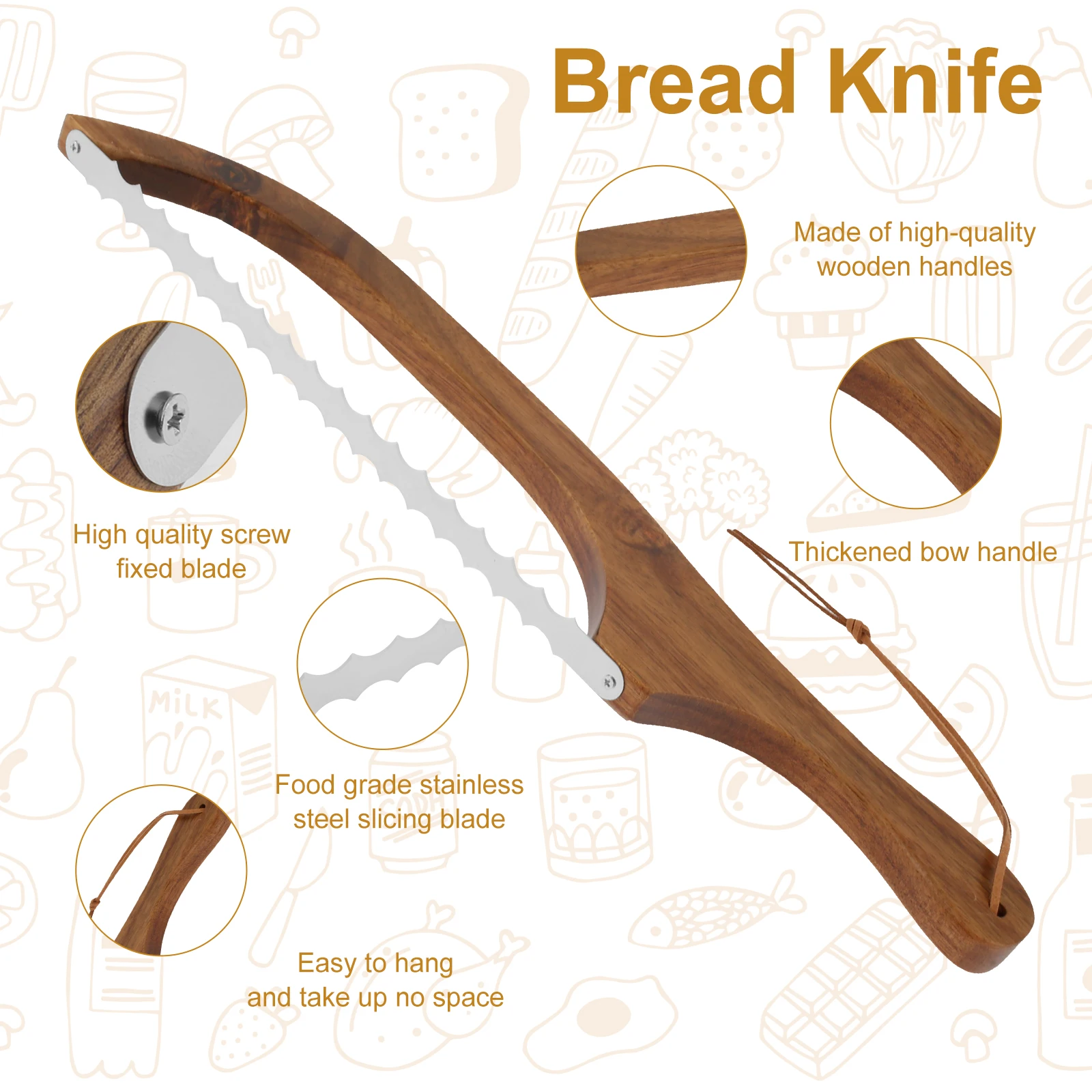 Wooden Bread Bow Knife Serrated Bread Bow Cutter Stainless Steel Sourdough Knife Professional Cake Cutting baking tool baking accessories