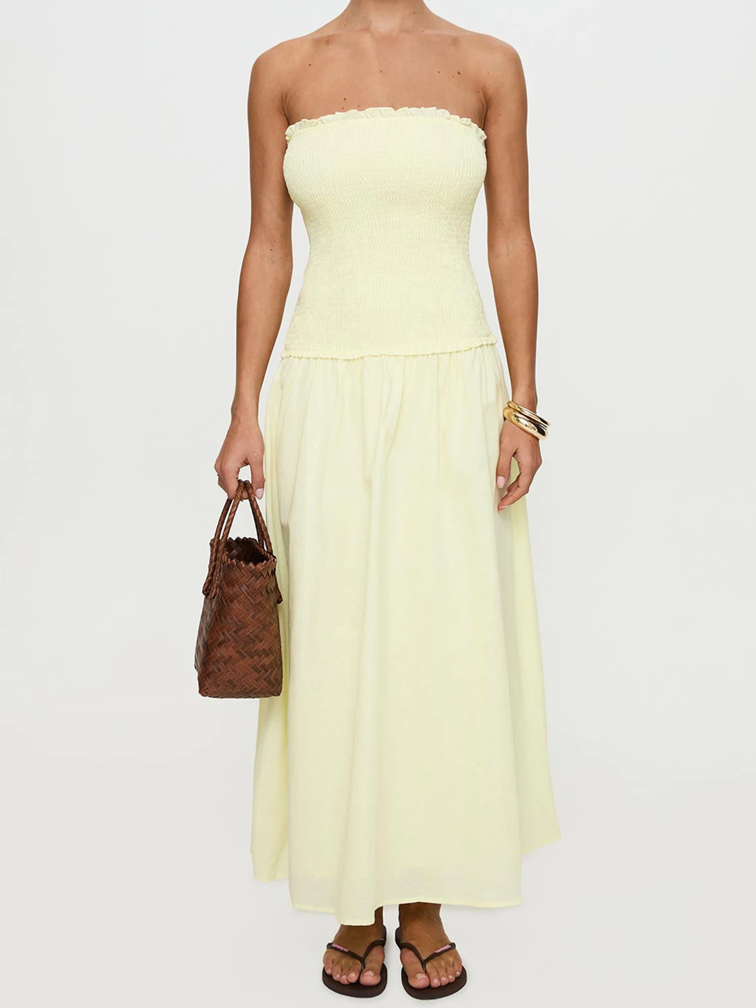 Elegant Off-Shoulder Maxi Dress with Flounce Detail and Smocked Bodice Perfect for Summer Events and Parties