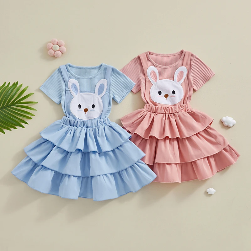 

Летняя одежда для девочек Tregren, Однотонная футболка с коротким рукавом и узором в виде кролика, многослойное платье-комбинезон с оборками, комплект одежды из 2 предметов
