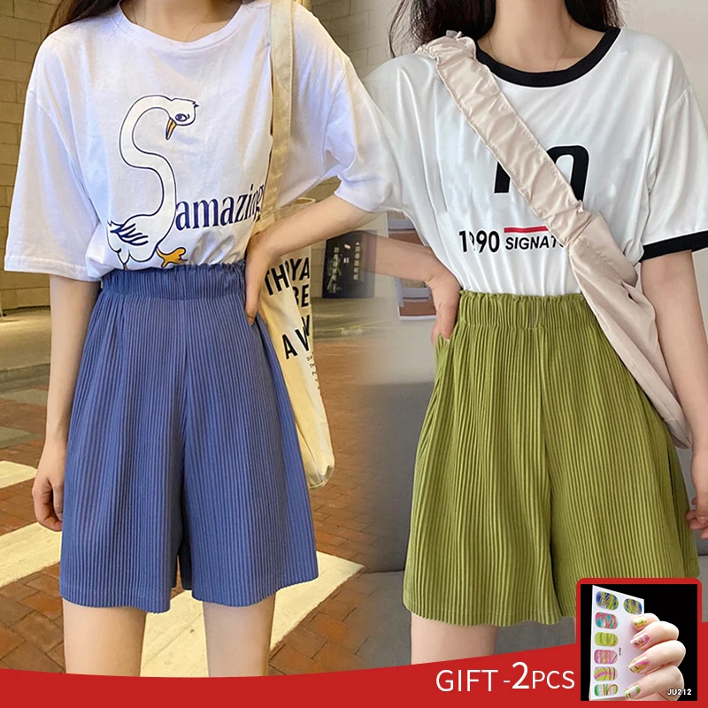 Fashion Simple Shorts Summer Irregularly Wrinkled Ice Silk Track Solid Color High Waist Leg Length Five-point Sport Short |