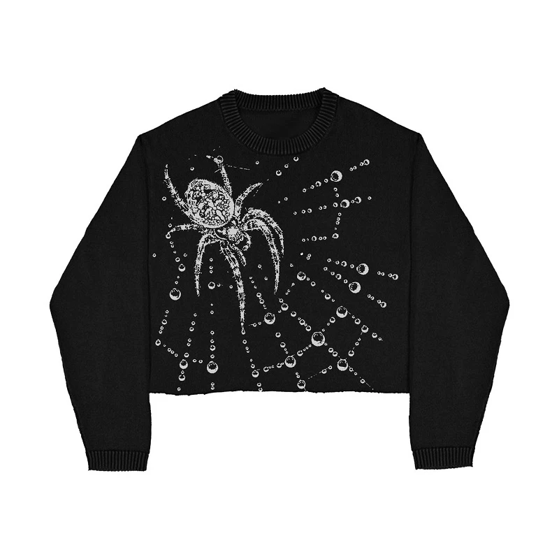 Hip Hop Streetwear Spider Web Print Knitted Sweater Men Gothic