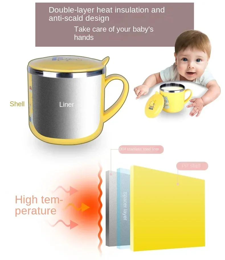 Baby Bottle Children's Cup Leak Proof Water Cup Cartoon Baby Straw Handle Beverage Food Grade Stainless Steel Milk Bottle