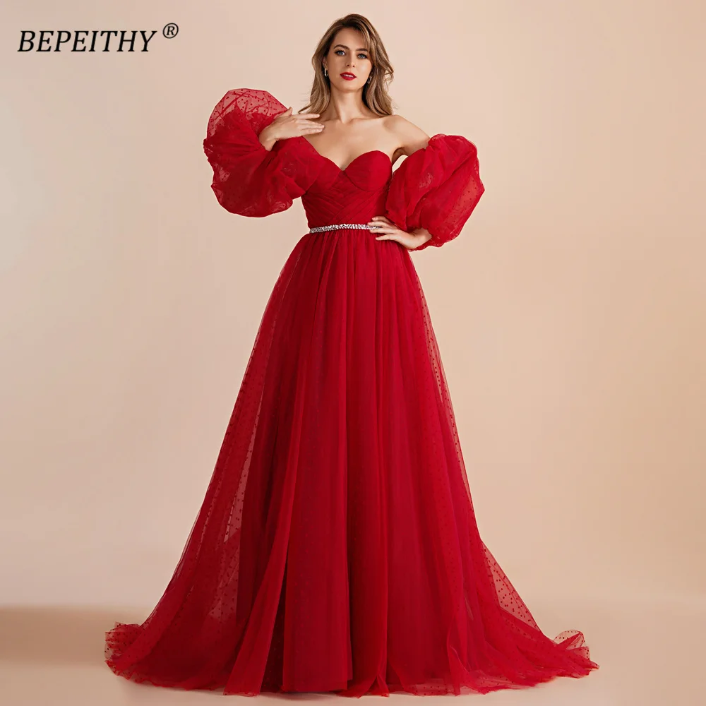 

BEPEITHY Sweetheart A Line Red Long Evening Prom Dresses 2023 With Detachable Sleeves Court Train Pink Formal Occasion Gown New