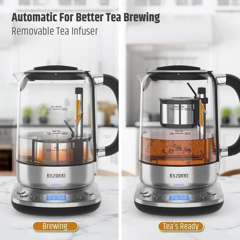 Razorri Electric Tea Maker 1.7L with Automatic Infuser for Tea Brewing, Stainless Steel Glass Kettle, Presets for 5 Types