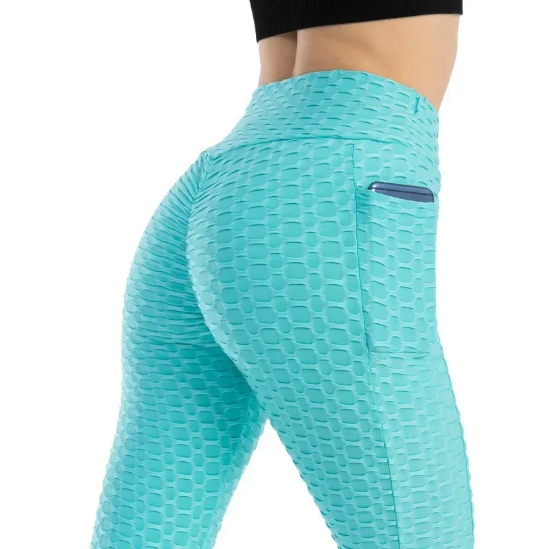 Women Fashion Pocket Bubble Pants Stretchy Slim Leggings Gym Running Cycling Fitness Pants High Waist Hip Lift Leggings Female 5