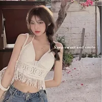 Femmes Boho Y2k haut frange dos nu licou cravate cou sous-vêtements vêtements d'extérieur cou suspendu broderie gland jarretelle gilet réservoir court 4