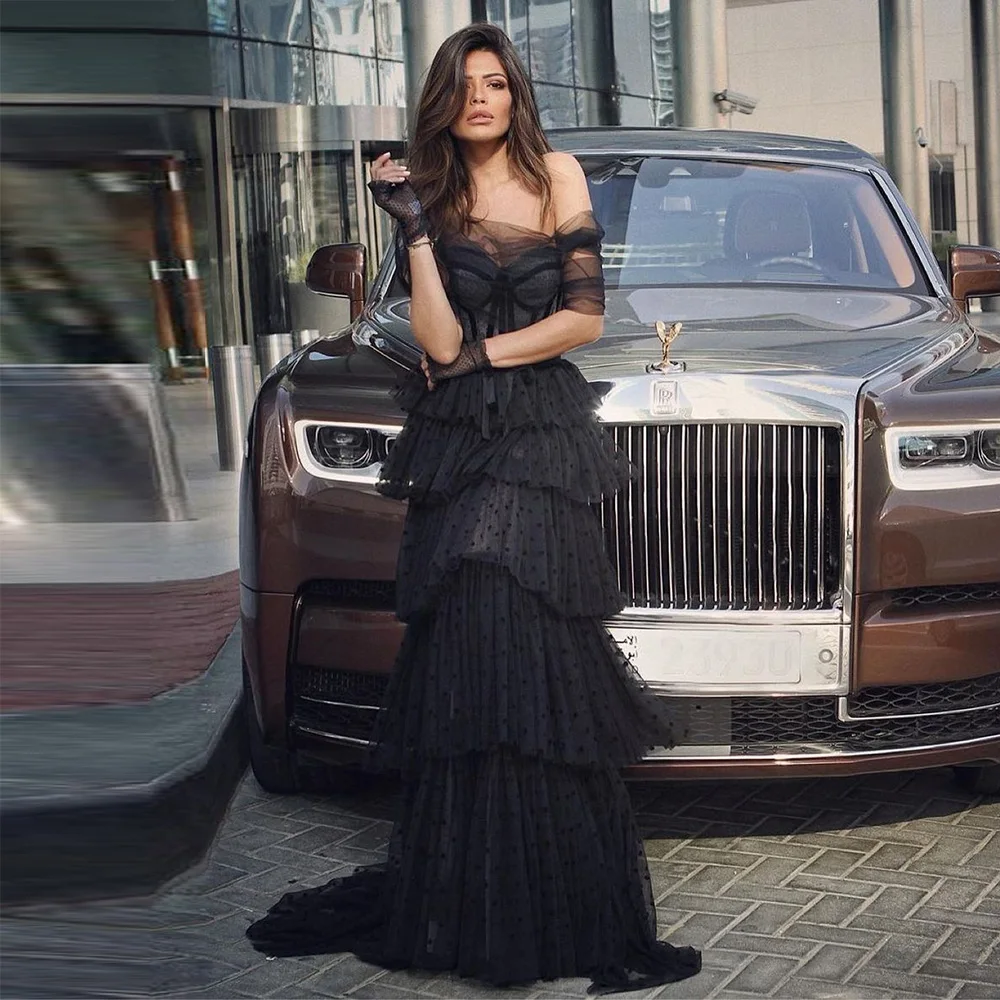 

Xijun Black Tiered Ruffles Dotted Tulle Evening Dresses Off the Shoulder Sweetheart A-Line Pleat Ruched Saudi Arabic Prom Gown