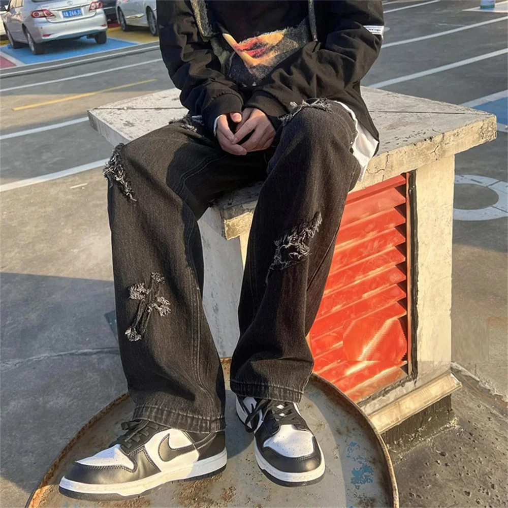 Hip Hop Streetwear Y2k Mens Pants High Street Jeans Baggy Loose Straight Casual Pants 2024 Fashion Male Cross Patch New Trousers