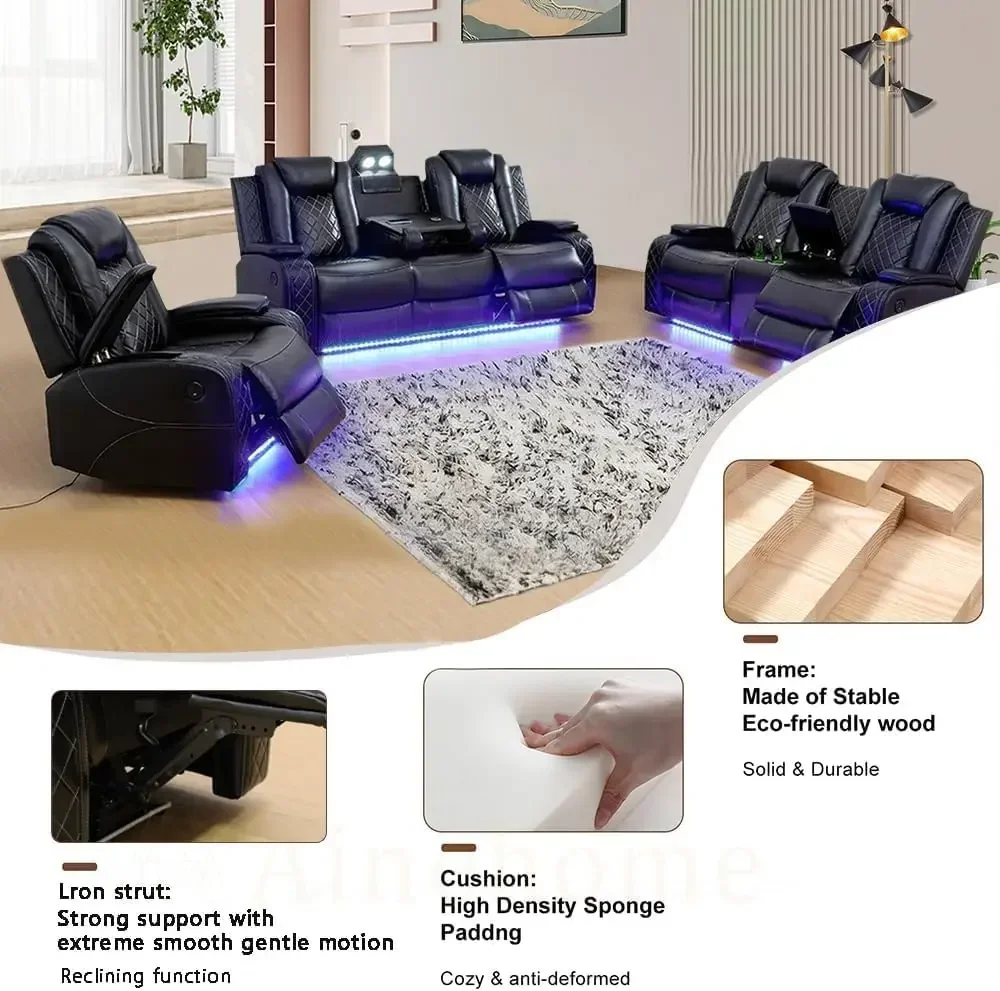 [Best Seller!]Multifunction Power Air Leather Recliner Sofa Set with LED Lights, Living Room Furniture, Reclining Sofa, loveseat