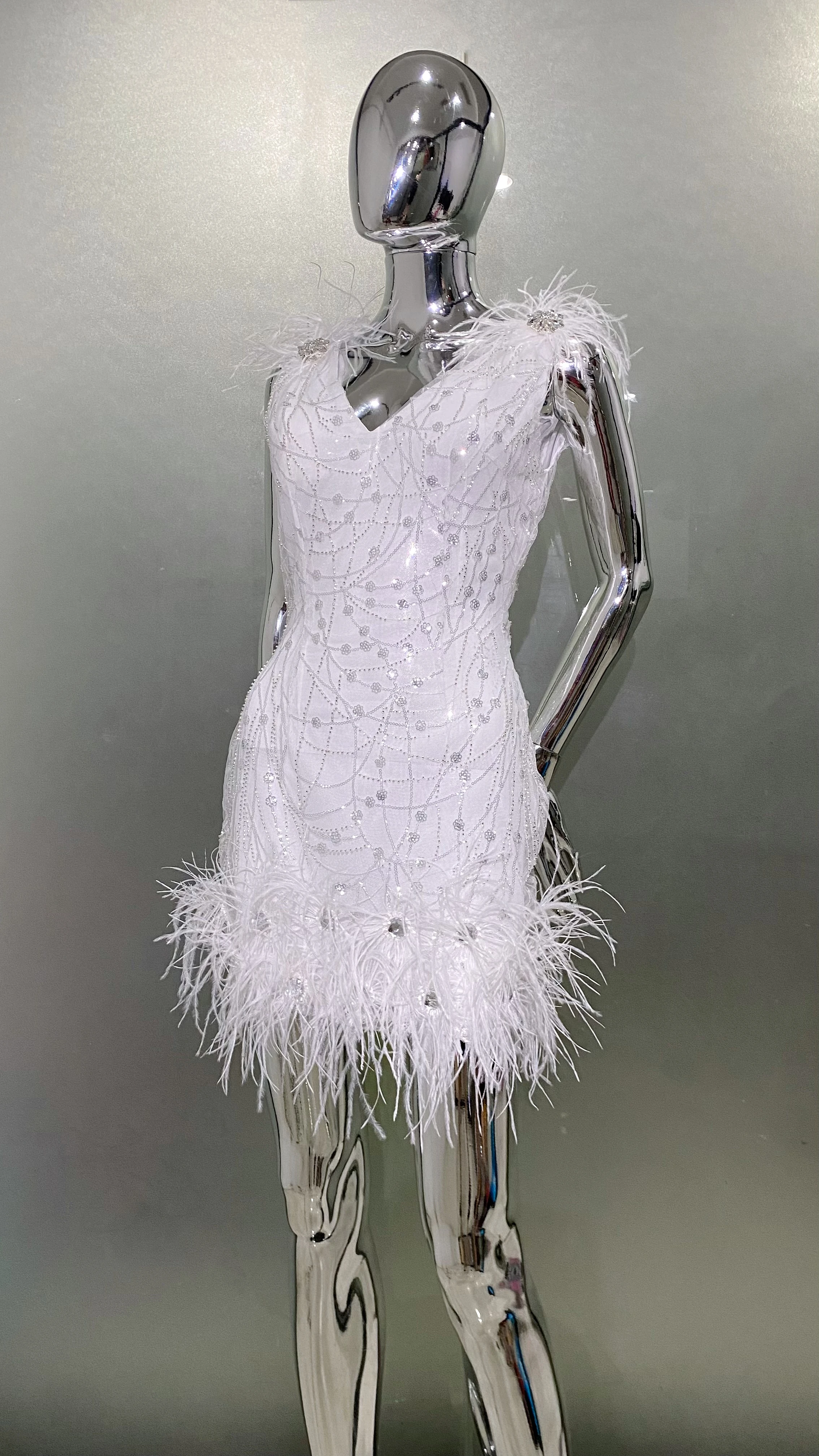 green emerald velvet dress Priscilla Sequin Mini Dress with Feather Trim main image 1