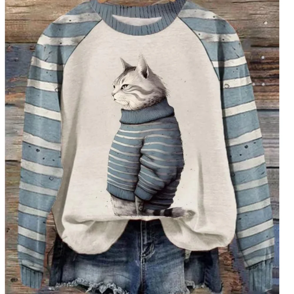 VintageCatPrintSweaterForWomensSweatshirtKawaiiGirlsLongSleeveTopsOversizedAutumn