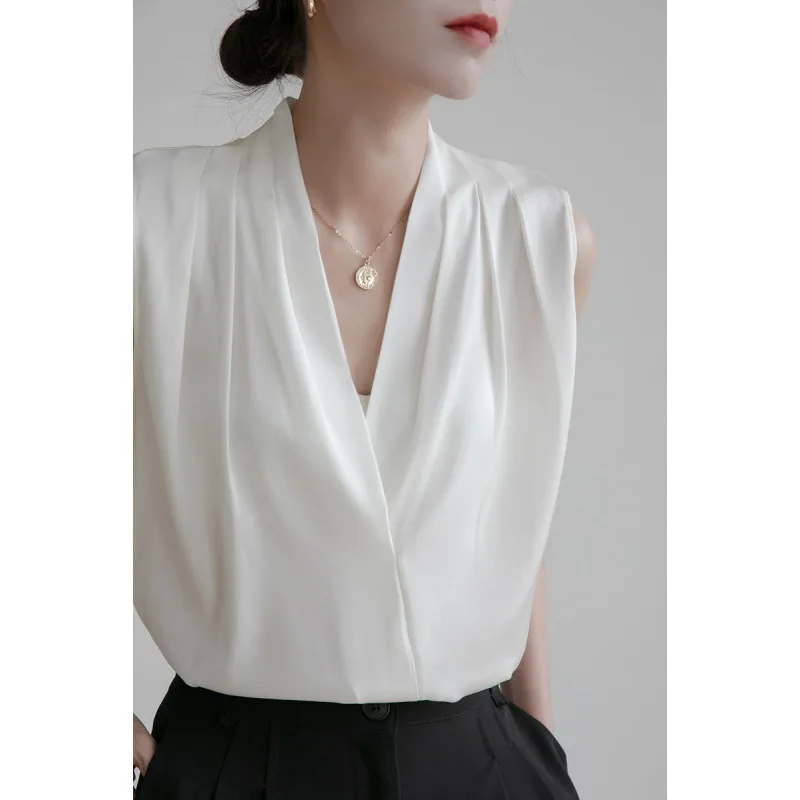 Chic Office Lady Sleeveless V-neck Silk Shirt Halter Blouse Summer  Blusas De Mujer Brand Tops Women's Clothing New Tops Mujer women s sexy backless sleeveless soild jumpsuits fashion casual blouse higt waist wide leg pants romper 2023 chic streetwear