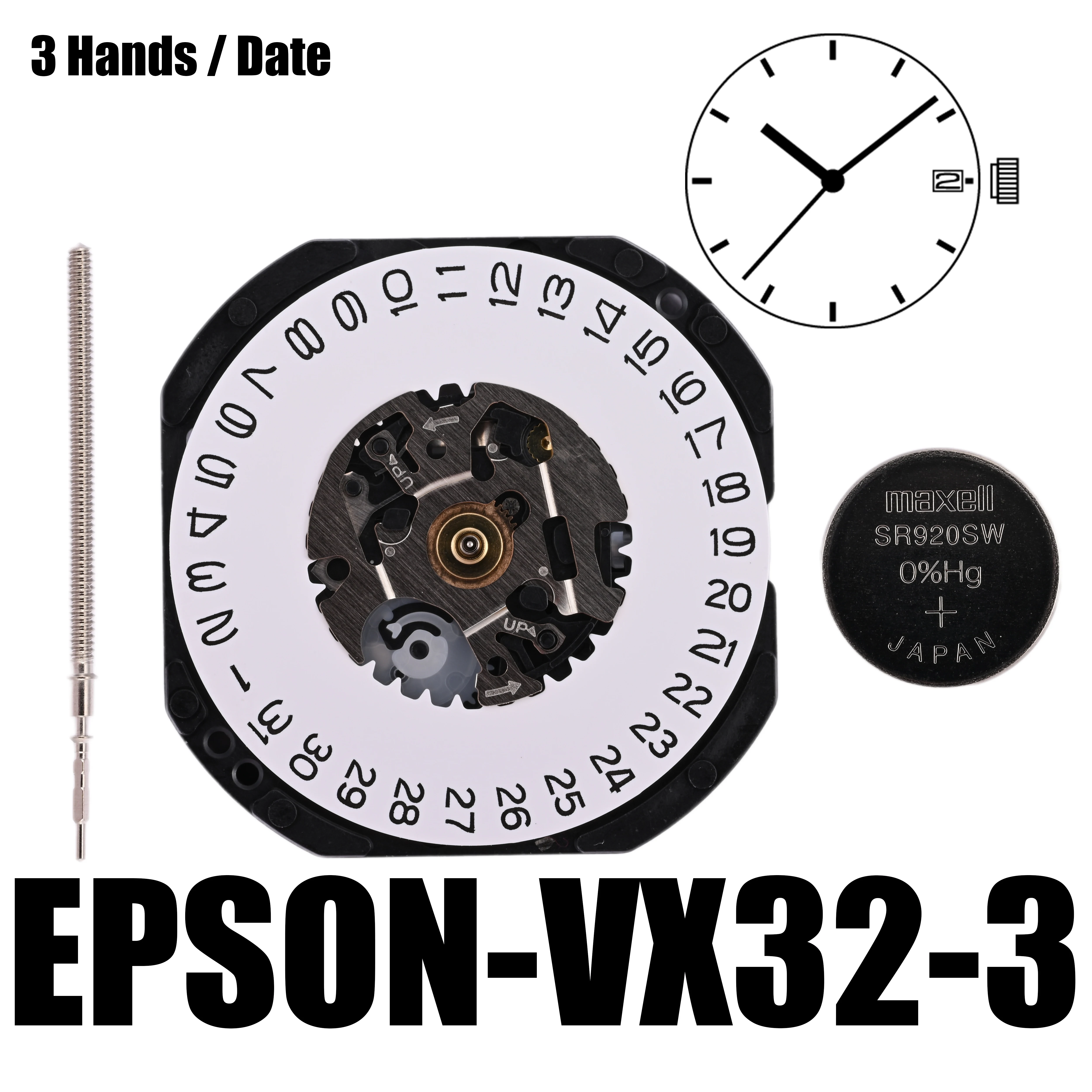 

Epson VX32 Movement Japan Genuine VX Calendar Series VX32E Quartz Movement Size:10 1/2''' 3 Hands/Date display at 3:00