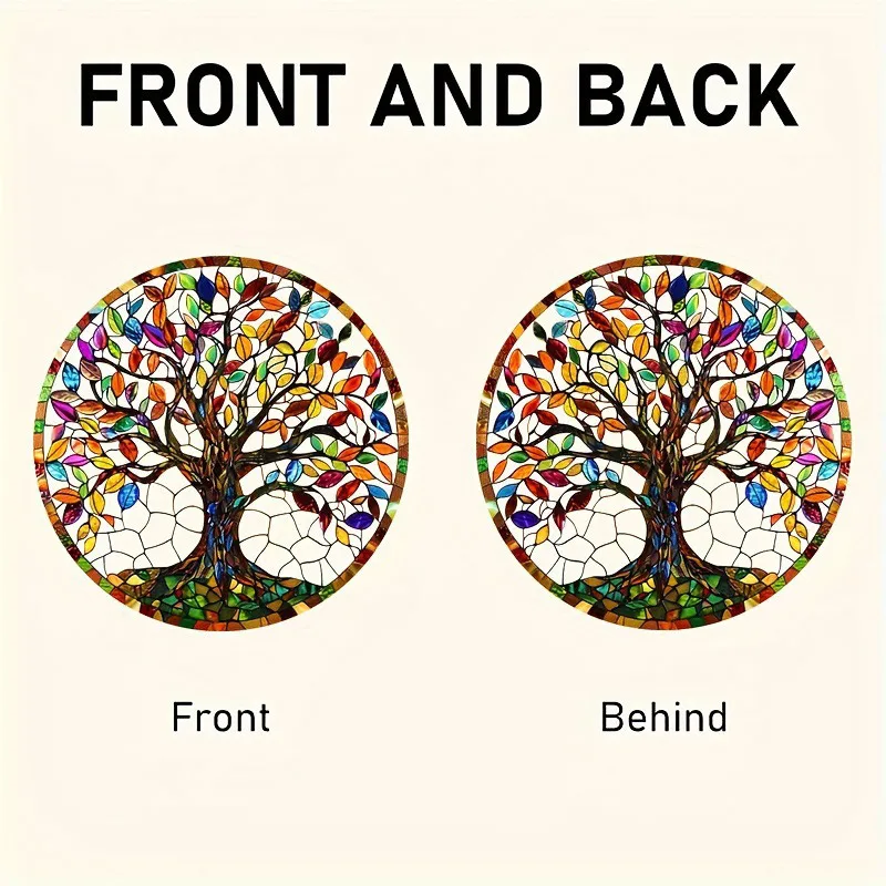 Stained Glass Window Wall Hanging Ornament With Gold Rope Round Tree Of Life Suncatcher Home Decoration Housewarming Gifts 6