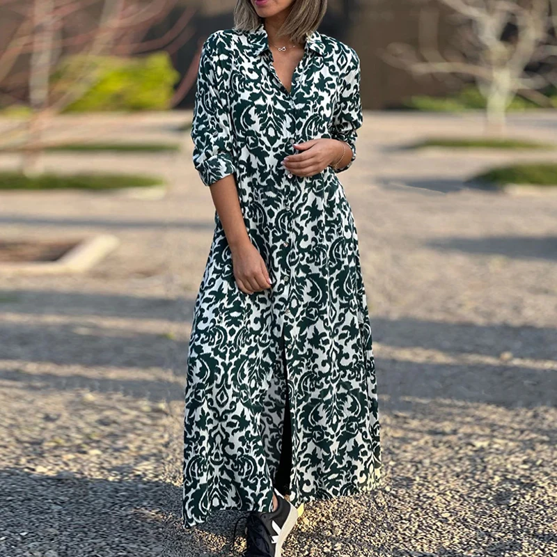 

Женское винтажное платье-рубашка с отложным воротником и длинным рукавом