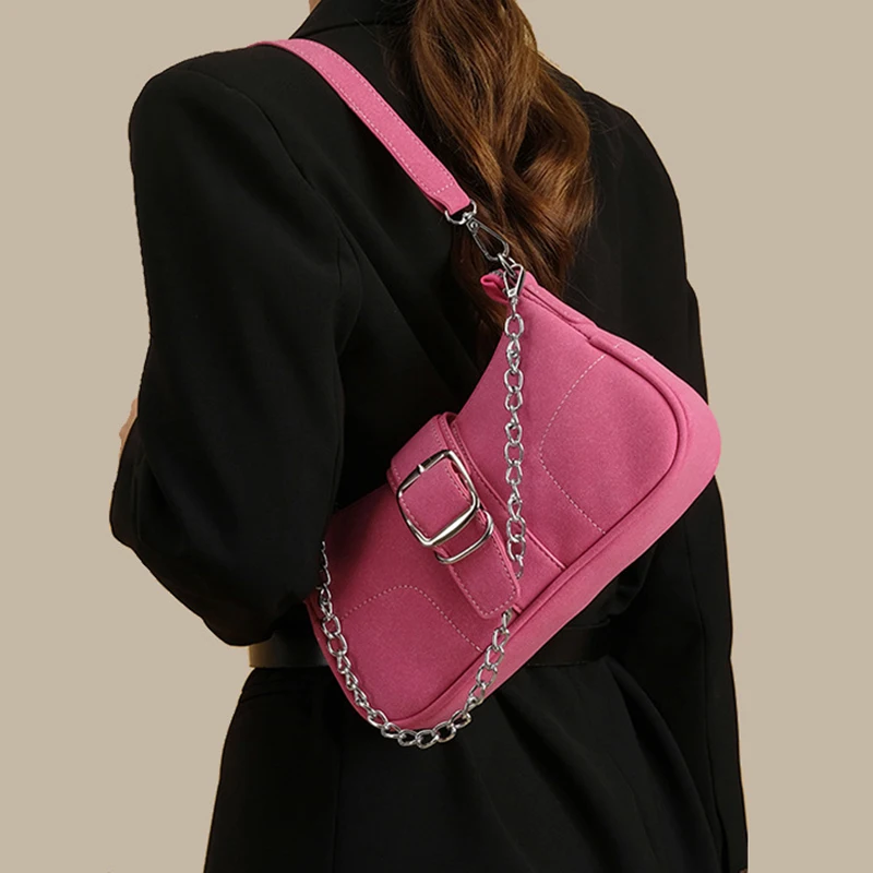 

Vintage Underarm Shoulder Bag Women Leather Purses and Handbags Chain Clutch Retro Frosted Texture Baguette Crossbody Bag