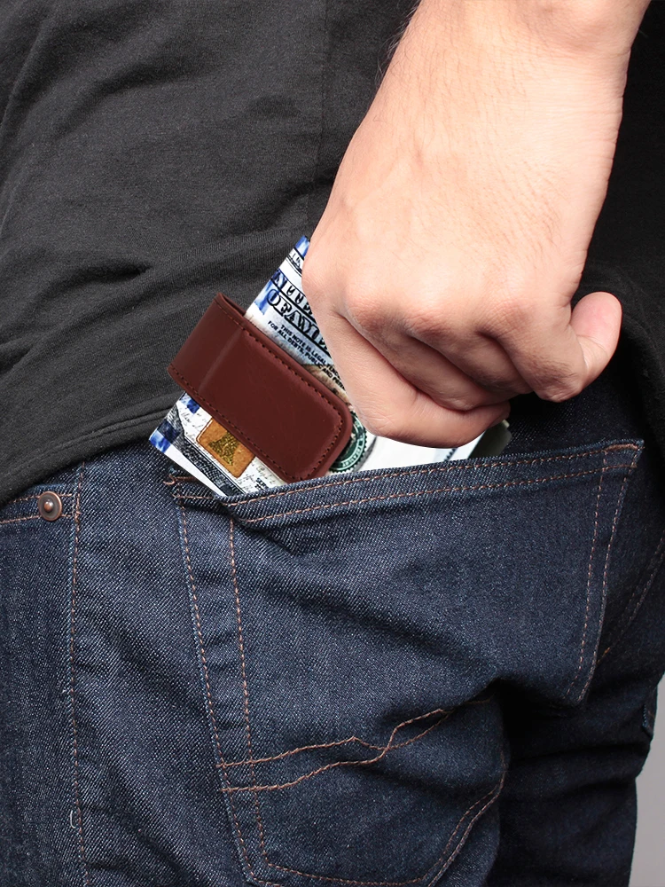 Mens PU Leather Magnetic Money Clip Mini Wallet Currency Cash Clip ID Card Clip Slim Vintage Portable Business Card Holder 4