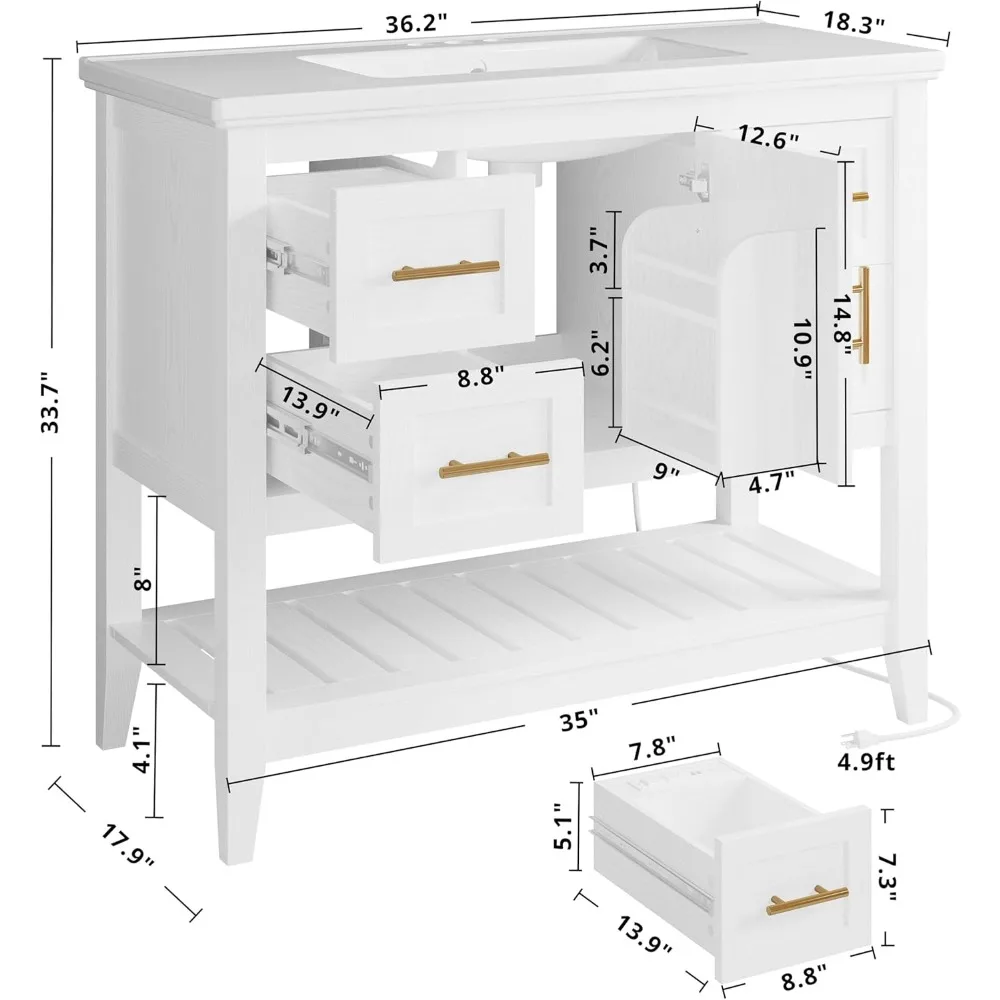 Bathroom Vanity with Sink,36"Modern Undermount Bathroom Sink Cabinet with 4 Drawers&Open Shelf,Vanity Sink with Charging Station 3