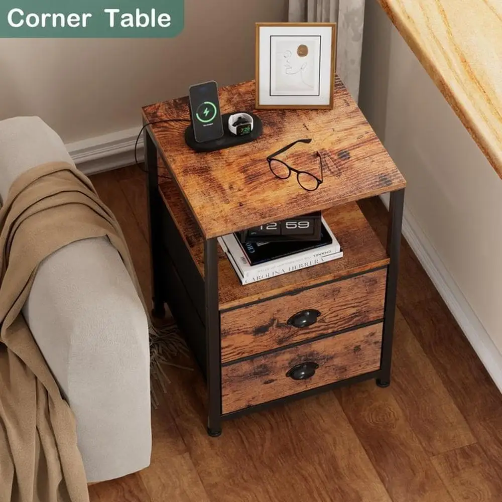 Nightstand Set of 2 with Charging Station USB Ports Fabric Drawers Modern End Table Living Room Bedroom Storage Solution 6