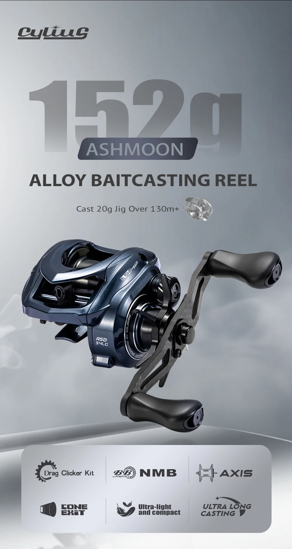 CYLIUS ASHMOON Legierungs-Baitcastingrolle, maximale Zugkraft, 6 kg, 8,1:1, hohes Übersetzungsverhältnis, langer Griff, BFS-Rolle/Allzweckrolle/Meeresangelrolle – Detail 1