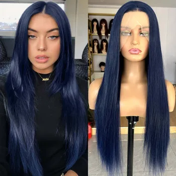 Dark Blue Long Silky Straight Synthetic Lace Front Wig Free Part Natural 13x4 Frontal Colored Wigs for Women Daily Party Cosplay 1
