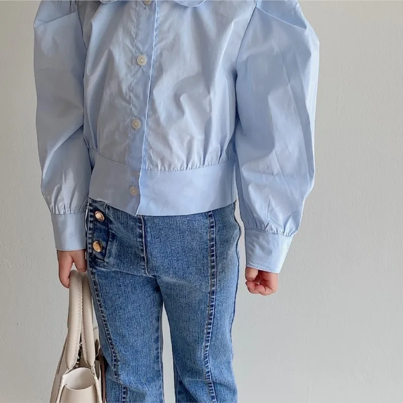  소녀 공주 코튼 블라우스 긴 퍼프 슬리브   아동 셔츠 솔리드 컬러 봄 가을  옷 1-7Y