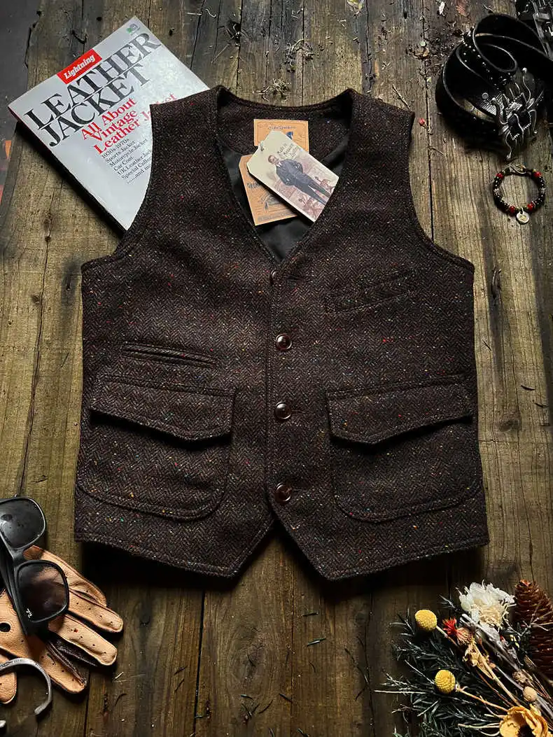 American Retro Heavyweight Tweed Hunting Vest Woolen V-ne Workwear Vest Men's RL Khaki Faion Urban All-Season Slim Fit