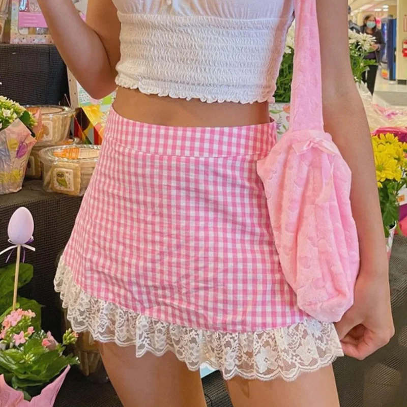 

Cute Kawaii Pink Y2K Aesthetic Plaid A Line Skirts Womens Summer Checkered High Waist Short Skirt Sweet Preppy Style Streetwear