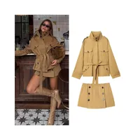 HipSeam Mid Waist Pants Set Women Casual Autumn High Collar Short Trench Coat Shorts Button Skort Female Outfit
