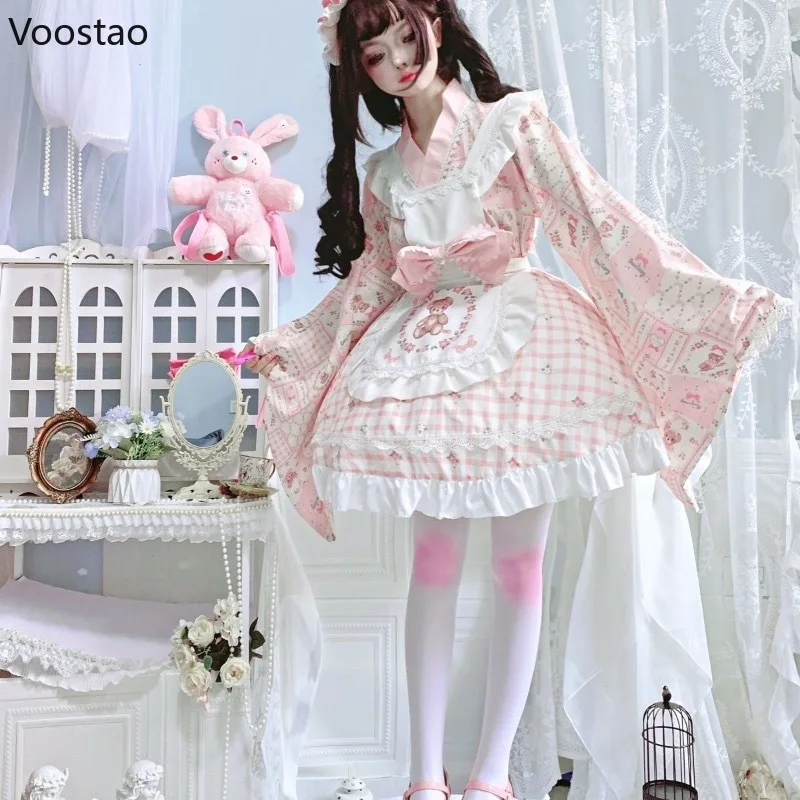 Japanese Kawaii Lolita Maid Dress Sweet Cute Cartoon Bear Print Y2k Party Dresses With Bow Apron Cosplay Kimono Dress Pink Sets
