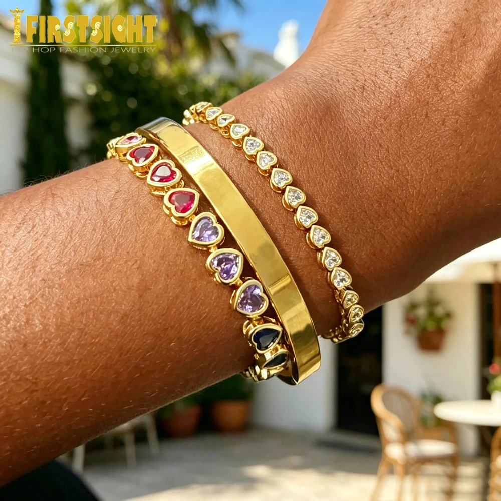 2025 New Iced Out AAA Cubic Zirconia Heart Tennis Chain Necklace Gold Color Rainbow CZ Charm Choker Hip Hop Jewelry For Women 5