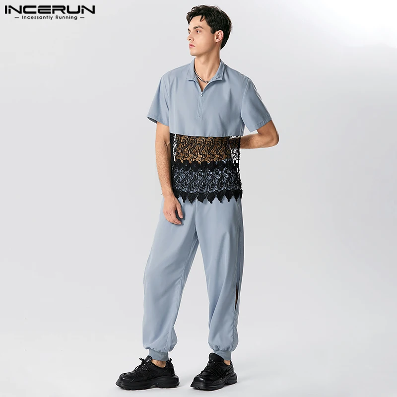 

Handsome Well Fitting Mens Sets INCERUN Solid Patchwork Lace Short Sleeved Stand Tops Side Slit Pants Casual Suit 2 Pieces S-5XL