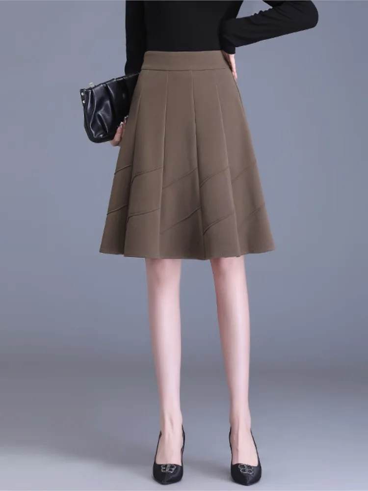 

Women Solid Knee Length A-line Skirt Spring Autumn Elastic Waist Fashion Skirt Work Wear Short Skirt