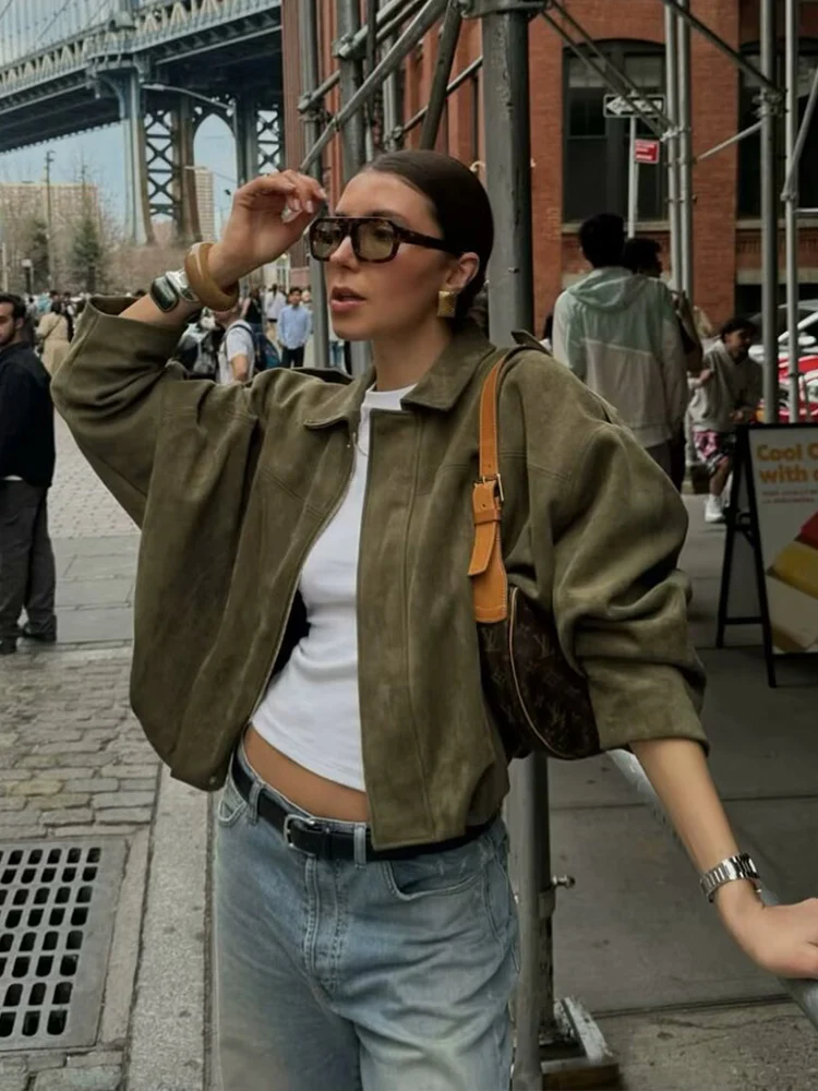 Women Green Suede Jacket 2026 New Spring Fashion Long Sleeve Zipper Oversize Bomber Jackets Chic Female Street Casual Coats ﻿