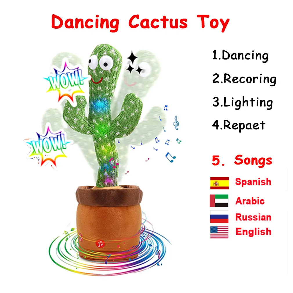 Rechargeable Dancer Cactus Glowing Dancing Captus USB/Battery Swing Fish Repeat Talking Dance Cactus Spanish Parlanchin Baby Toy