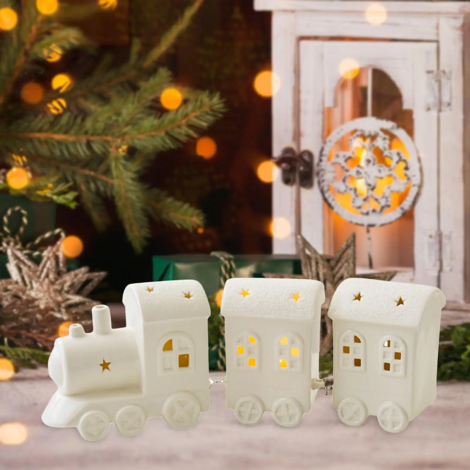 

Light up Christmas Train Vintage Photo Props White Xmas Decor Shining Ceramic